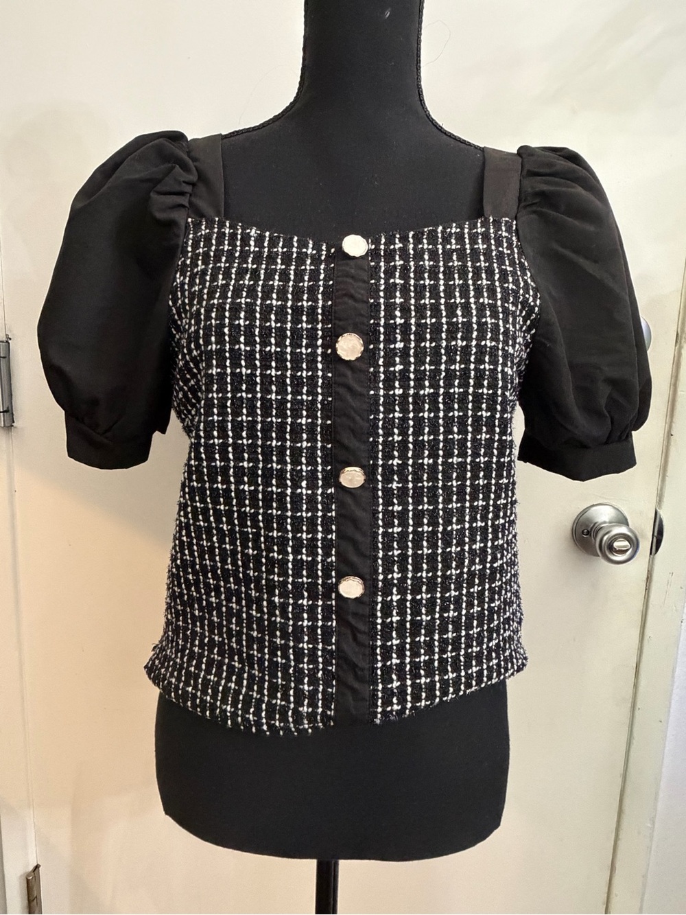 Black Tweed Puff Sleeve Button-Front Blouse